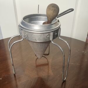 Vintage Metal Cone Strainer with Tripod Stand and Wooden Spoon - Silver